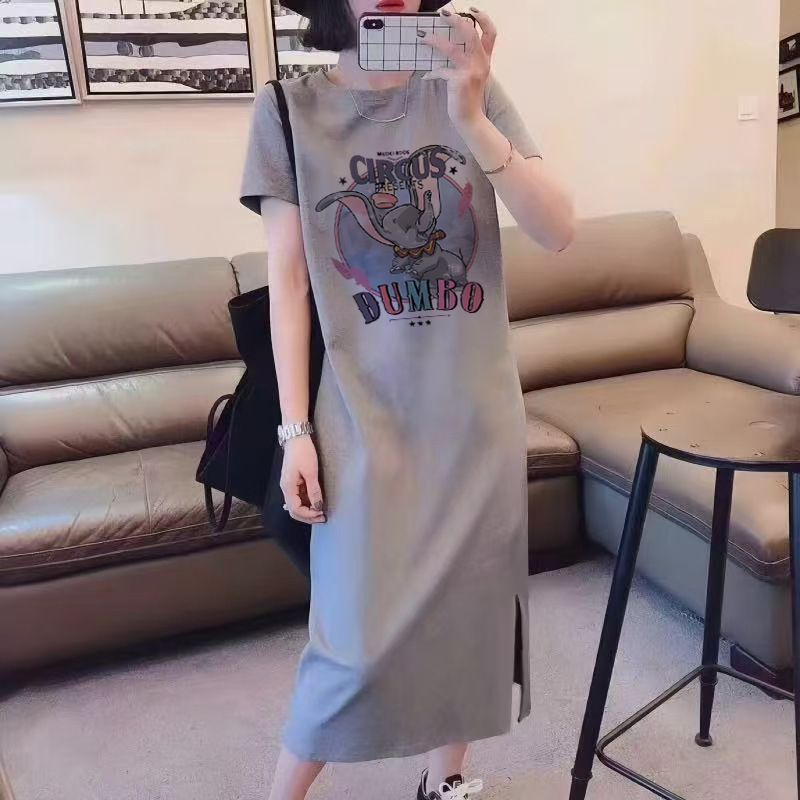 2025 New Summer Pure Cotton Short-Sleeved Long Skirt Loose Large Size Over-The-Knee T-Shirt Skirt Casual Mid-Length Dress for Women