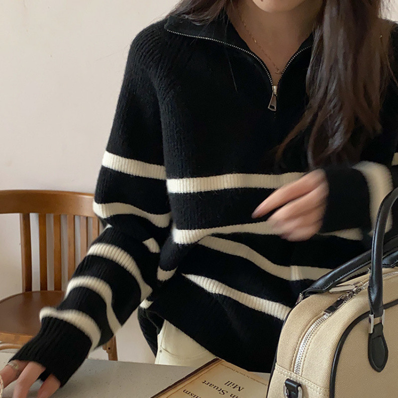 (2개) 하프 지프 스트라이프 스웨터 여성의 가을과 겨울 새 옷깃 풀오버 레트로 느슨한 니트 스웨터 이른 가을 게으른 스타일 아우터