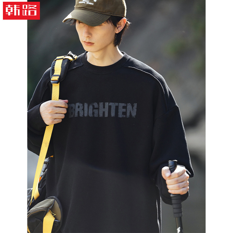 Distressed Raw Edge Trendy Crewneck Sweatshirt, Spring Edition, Heavy American-Style Lettering with Broken Print, Loose-Fitting Couple's Jacket