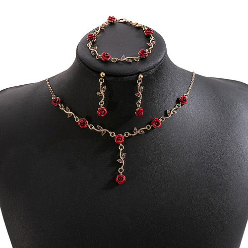 French-style Mori Girl Rose Earrings, Vintage Romantic Red Flower Bracelet, and Niche Designer Necklace Set