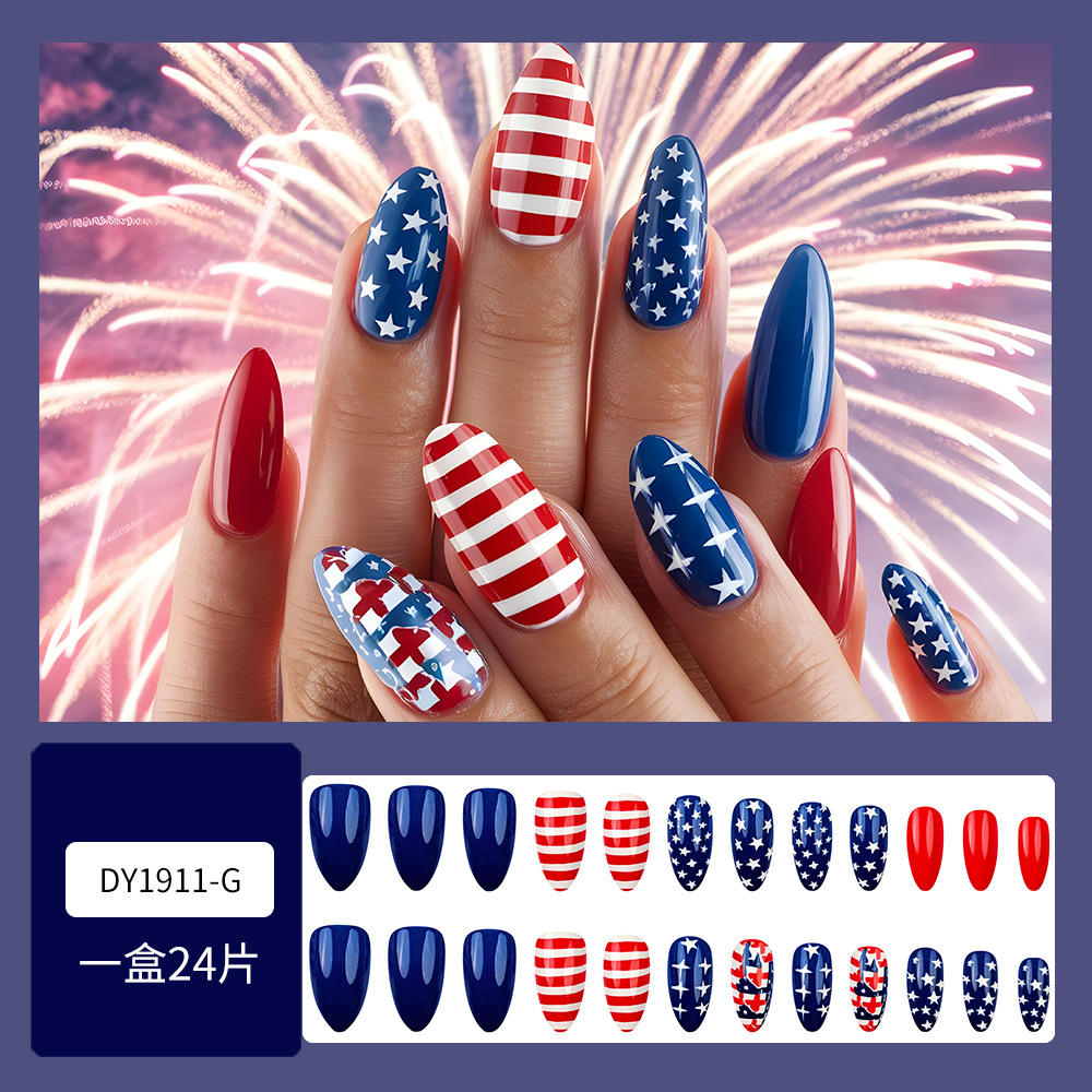 Día de la Independencia de comercio exterior corto de almendras de uñas, bandera de los Estados Unidos, 24 piezas de parche de uñas, viento dulce y fresco para usar uñas