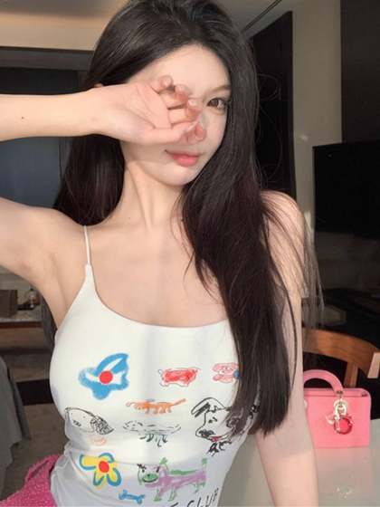 Summer camisole cute sweet hot girl top with chest pad integrated tube top underwear girl printed bottoming shirt