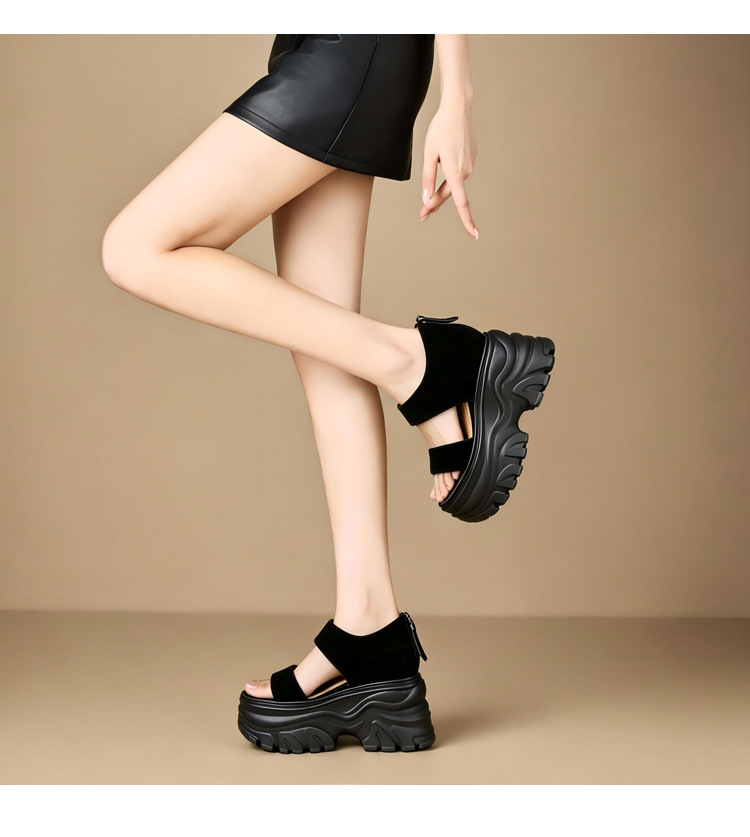 Sandal cao gót nữ da cừu mũi tròn hở ngón, quai ngang đế dày, gót 12 cm — màu đen chi tiết 6