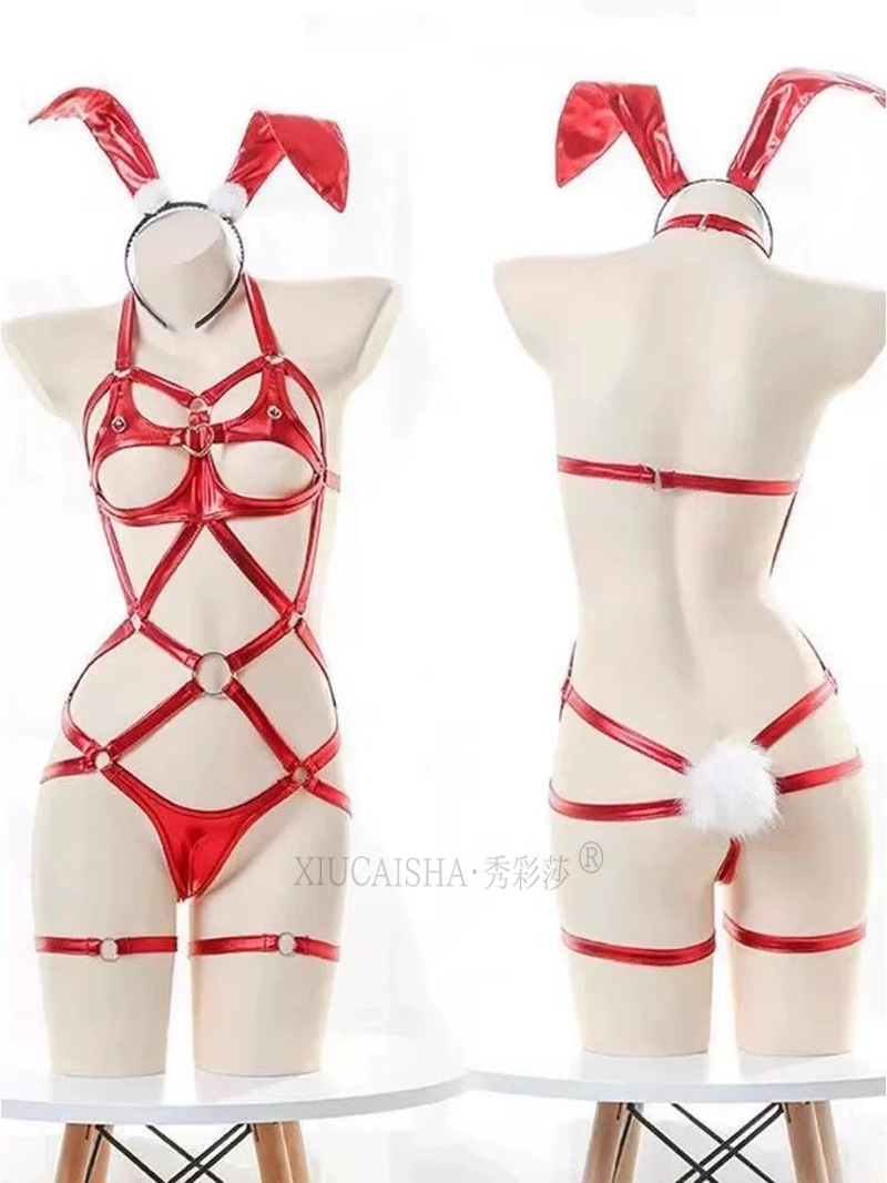Bunny Girl Lingerie Costume Set with One-Piece, Headpiece, Cuffs and Red Fishnet Stockings — detail image 24