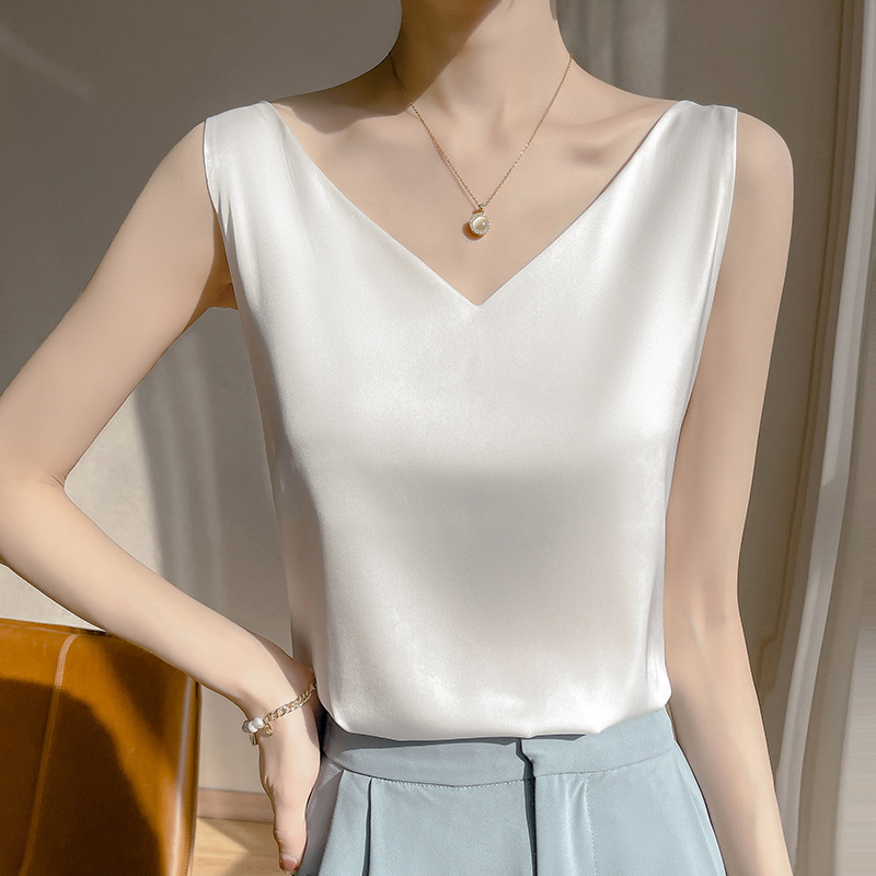 Women's V Neck Suit with Wide-Band Vest European New Imitation Silk Acetate Satin Sleeveless Top for Outer Wear Trendy