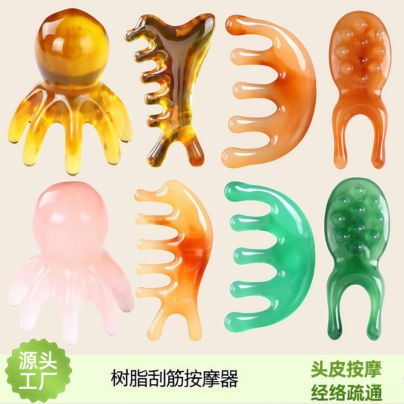 Resin Gua Sha Massage Comb 4 in 1 Scalp Face and Eye Care Tool Octopus Shape Five Teeth Half Round Brush overview