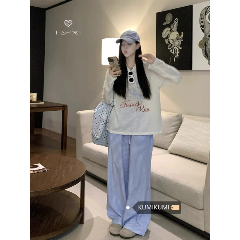 [Снежный хлопок] Ленивый ветер повседневный длинный рукав с круглым вырезом с принтом футболка женский свободный солнцезащитный крем тонкий топ