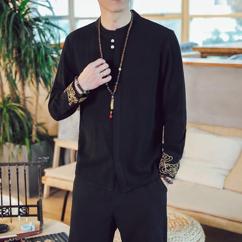 2022 Autumn New Chinese style men's linen shirt cuff embroidery draping linen Chinese long sleeve shirt men