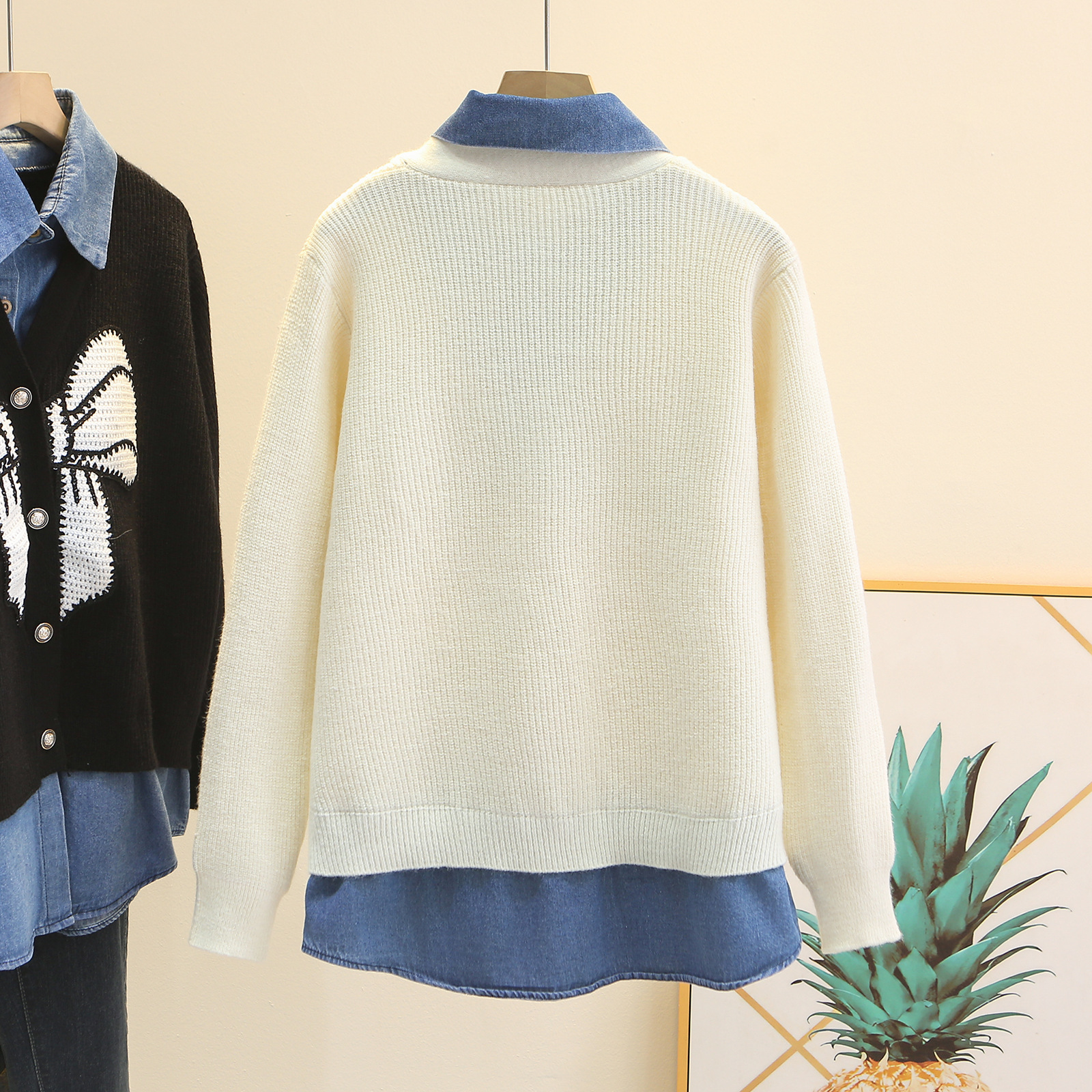 Cárdigan de dos piezas falso bordado de estilo francés para mujer de talla grande, diseño patchwork de mezclilla con lazo, prenda exterior de moda de otoño_voghion.com