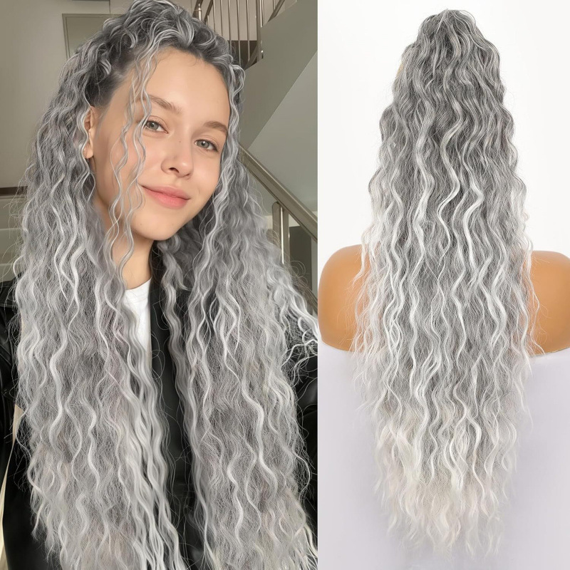 Xuchang ヨーロッパとアメリカのかつらポニーテール女性の水の波紋ロング巻き毛ふわふわコーンパーマクリップポニーテール 30 インチ卸売|undefined