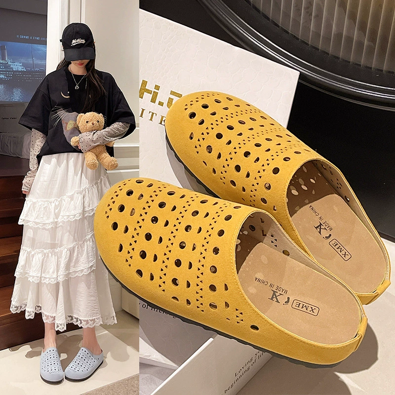 Ретро нишевые полые обувь на мягкой подошве Birkenstock для женской пальцы полуаромат 2025 новая нише желтые ленивые Римские сандалии