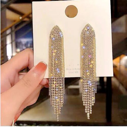 High-end, sophisticated live-streaming cross-border influencer-style earrings—European and American fashion, exaggerated rhinestone long tassel earrings for women.