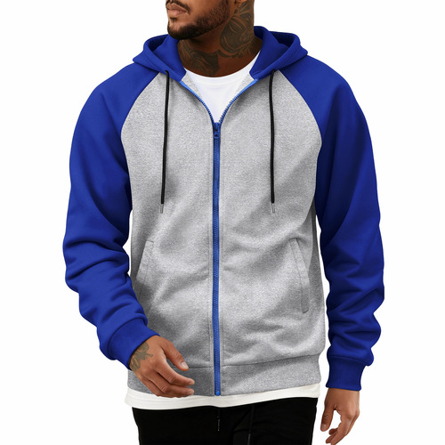 Autumn and winter new arrival: color-block zip-up cardigan, fleece-lined hoodie for men, plus-size casual hooded top, men's clothing.