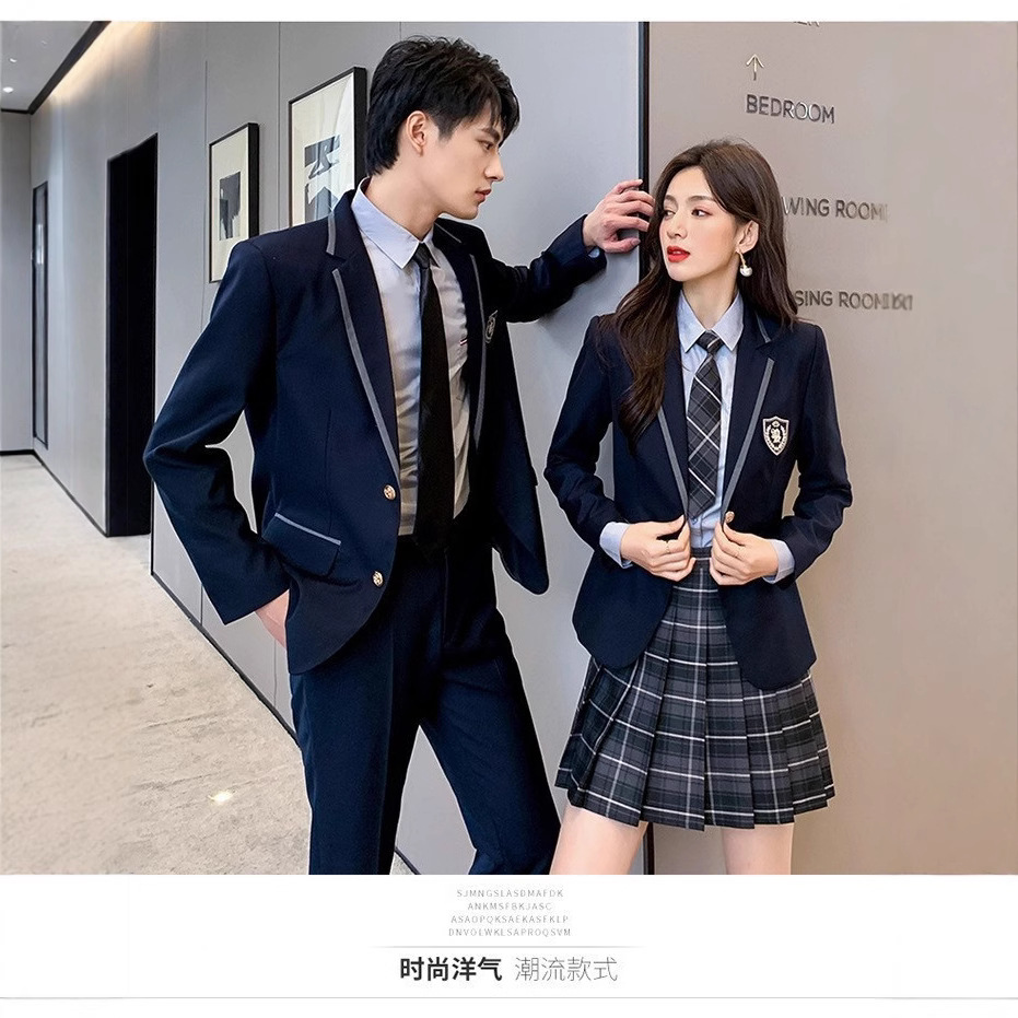春秋款学生制服套装男女同款西装学生装批发高中学院风藏蓝色班服