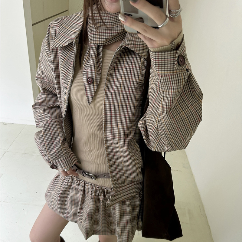 Suit Women's Casual Jacket Top Short Coat Beige Splicing Plaid One-Line Collar Bud Skirt Dress Two-Piece Set