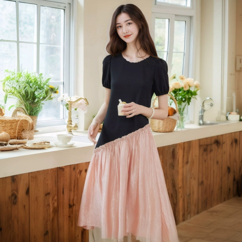 Длинное платье с асимметричным дизайном, отделкой на ушках, пэчворком, круглым вырезом, цветными блоками и пышными рукавами, новинка лета 2025 года для женщин.