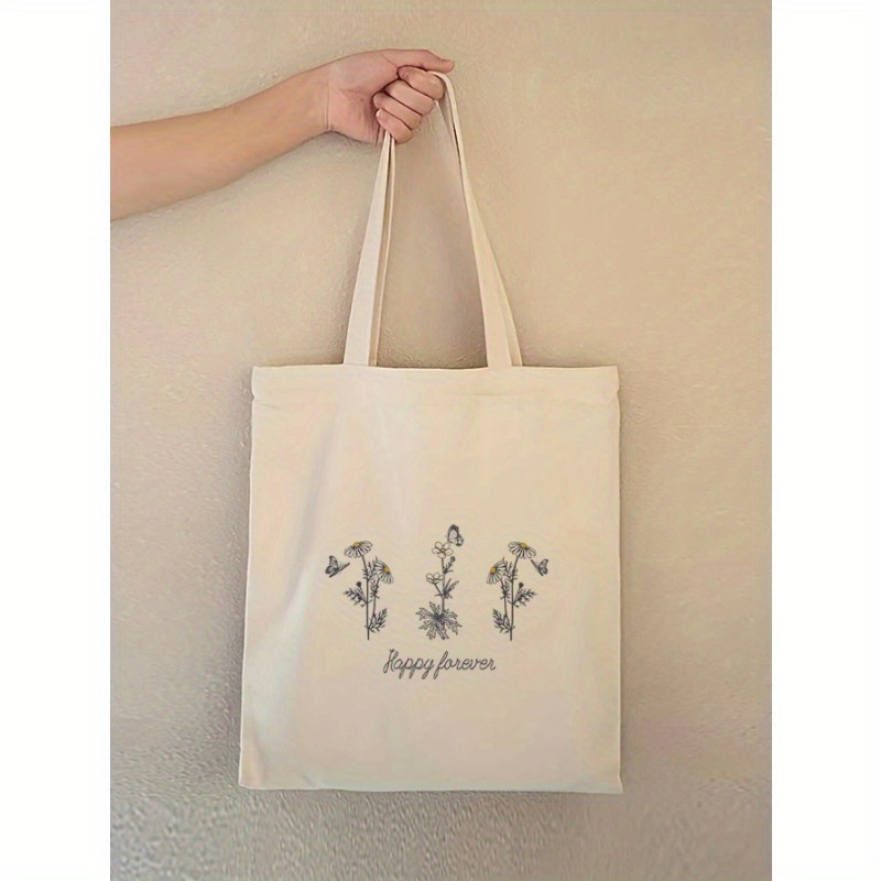 ins 风小众植物花卉帆布包 Happy forever 刺绣单肩包 大学生