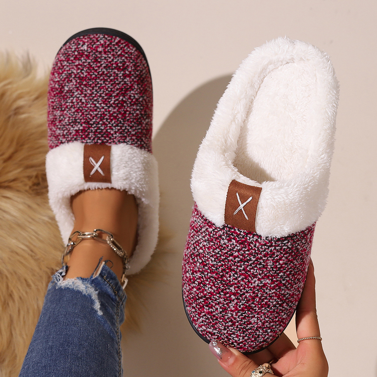Fluffy slippers Autumn and winter home indoor cotton slippers warm plush slippers with thick soles_ipsvogv.com