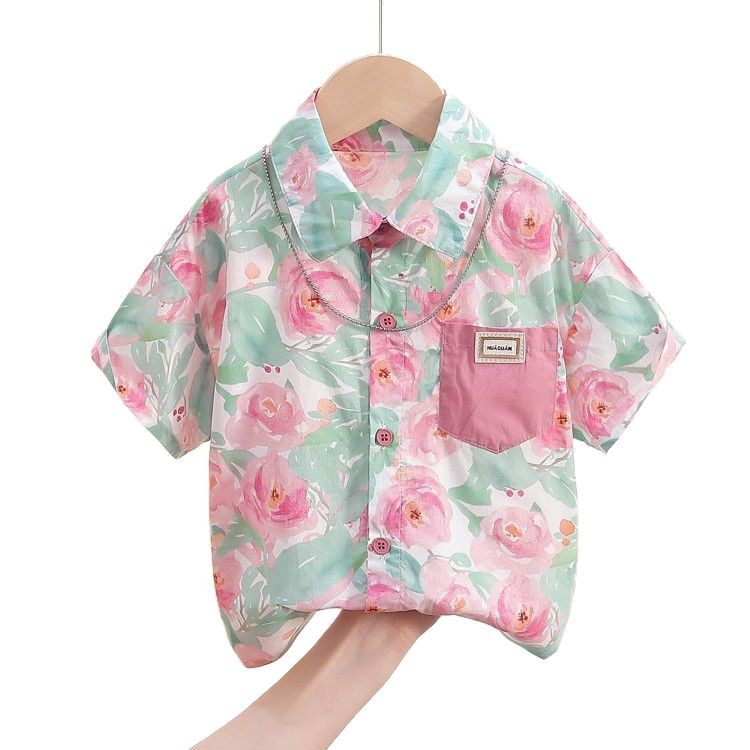 7848 Camisa de manga corta para niños 2024 nuevos tops de calle fritos guapos para niños ropa de verano para bebés camisa de flores para niños marea