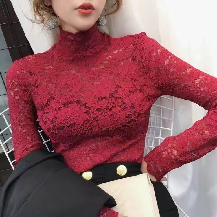 6-Color Lace Bottoming Shirt for Women in Spring, Versatile Half Turtleneck Top, Cut Out Sexy Inner Long-Sleeved Bottoming Shirt 6-Color Lace Bottoming Shirt for Women in Spring, Versatile Half Turtleneck Top, Cut Out Sexy Inner Long-Sleeved Bottoming Shirt