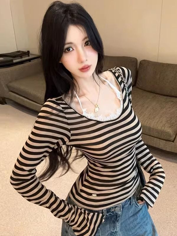 假两件条纹长袖t恤女秋冬纯欲辣妹挂脖上衣巨好看蕾丝打底衫内搭|undefined
