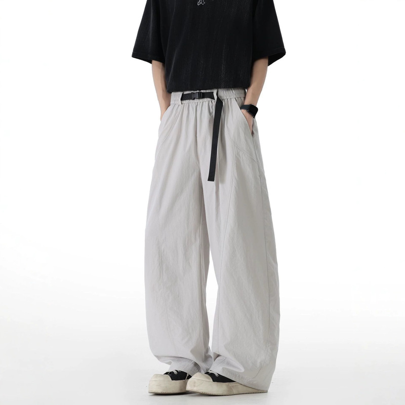 Summer Ice Silk Drapey Wide-Leg Pants for Men, Japanese Style Functional Belt Casual Pants, Thin Breathable Loose Solid Color Curved Pants Summer Ice Silk Drapey Wide-Leg Pants for Men, Japanese Style Functional Belt Casual Pants, Thin Breathable Loose Solid Color Curved Pants