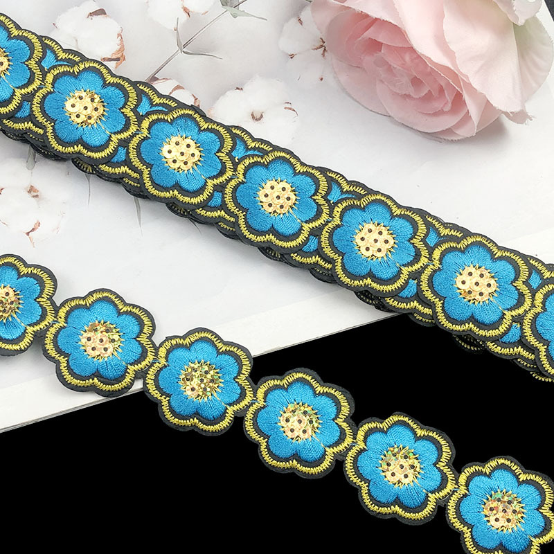 Encaje Bordado con Lentejuelas de Flor de 3.5 cm, Poliéster, Termoadhesivo, para Ropa