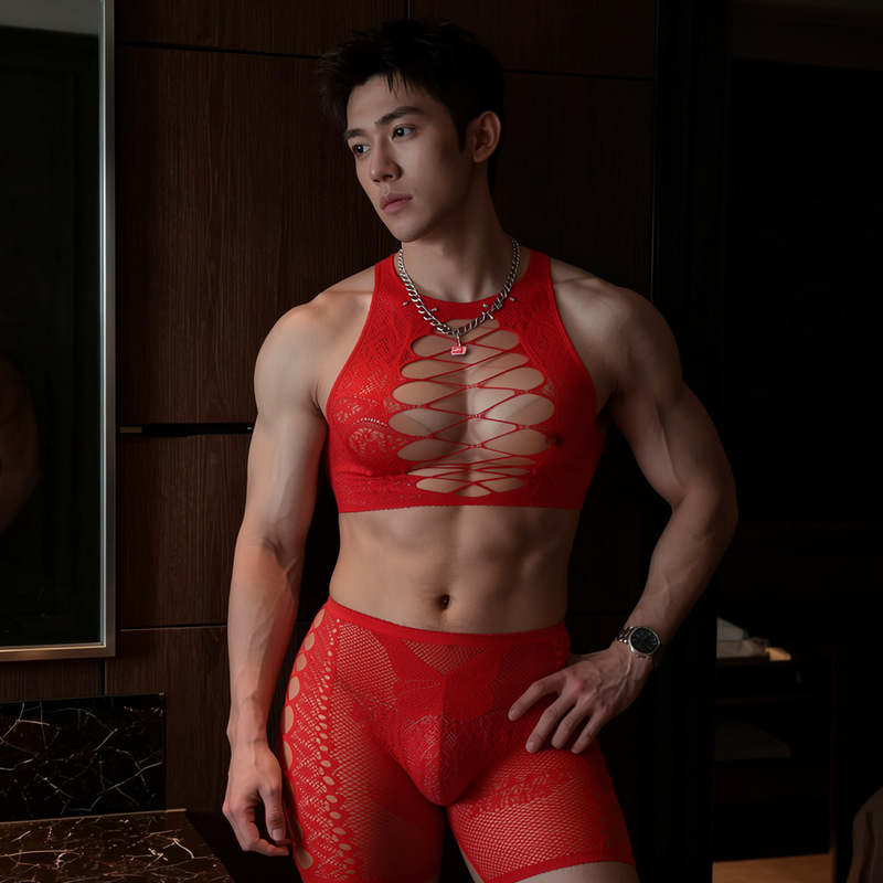 Cross-Border Men's Hollow-Out Mesh Clothing Set, Sexy See-Through Lingerie, Tight-Fitting Tank Top, One-Piece Outfit, Abstinence-Style Teasing