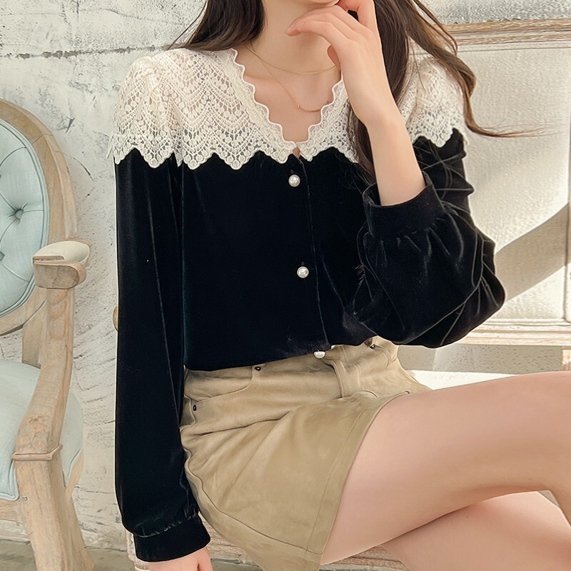 This year's popular beautiful small shirt lace stitching gold velvet shirt women's spring and autumn design feeling small foreign style top
