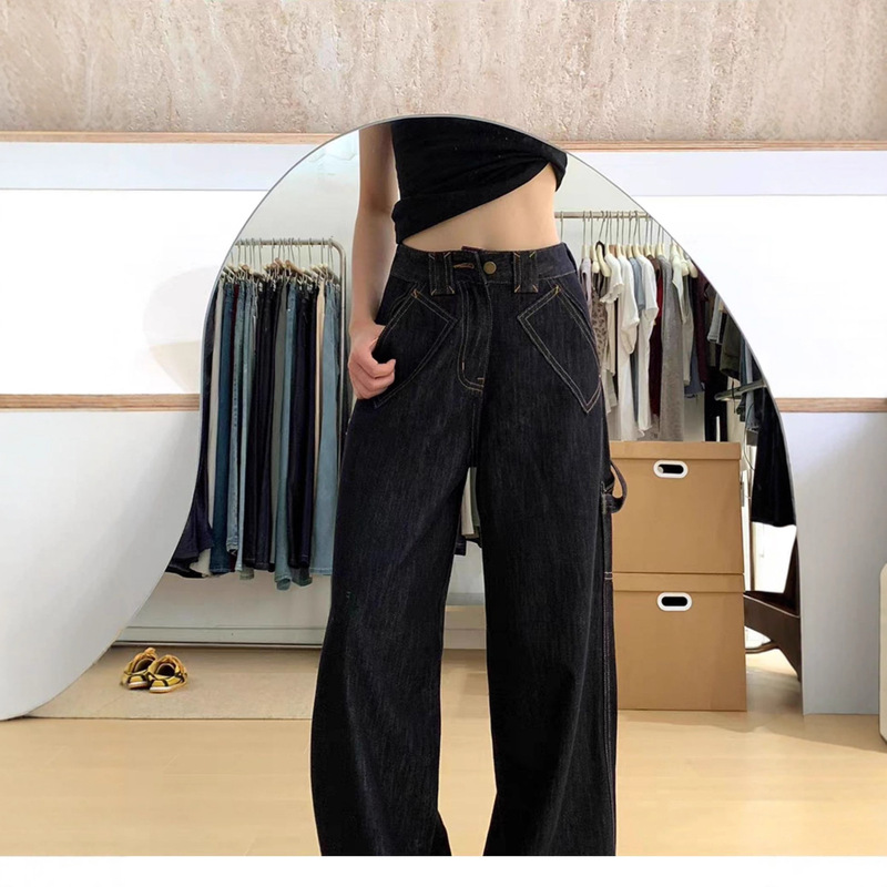 大码复古美式黑色牛仔裤女2025秋季胖mm宽松高腰显瘦直筒阔腿裤子|undefined