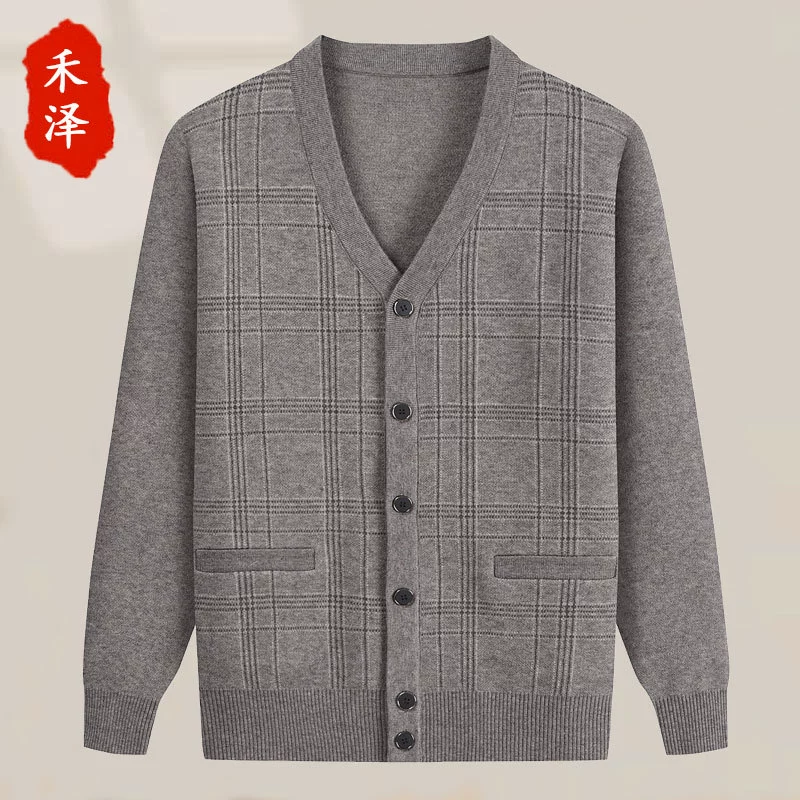 Мужской осенне-зимний Кардиган среднего и пожилого возраста, кашемировый кардиган с подкладкой, свитер с V-образным вырезом, свитер, Мужское пальто для пожилых людей