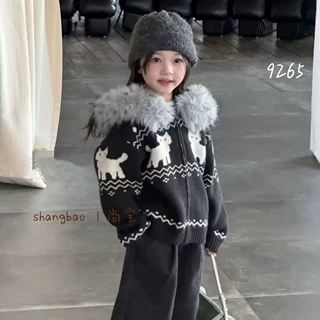 女童针织毛领毛衣针织衫连帽毛衣2026秋冬新款休闲儿童可爱风外套