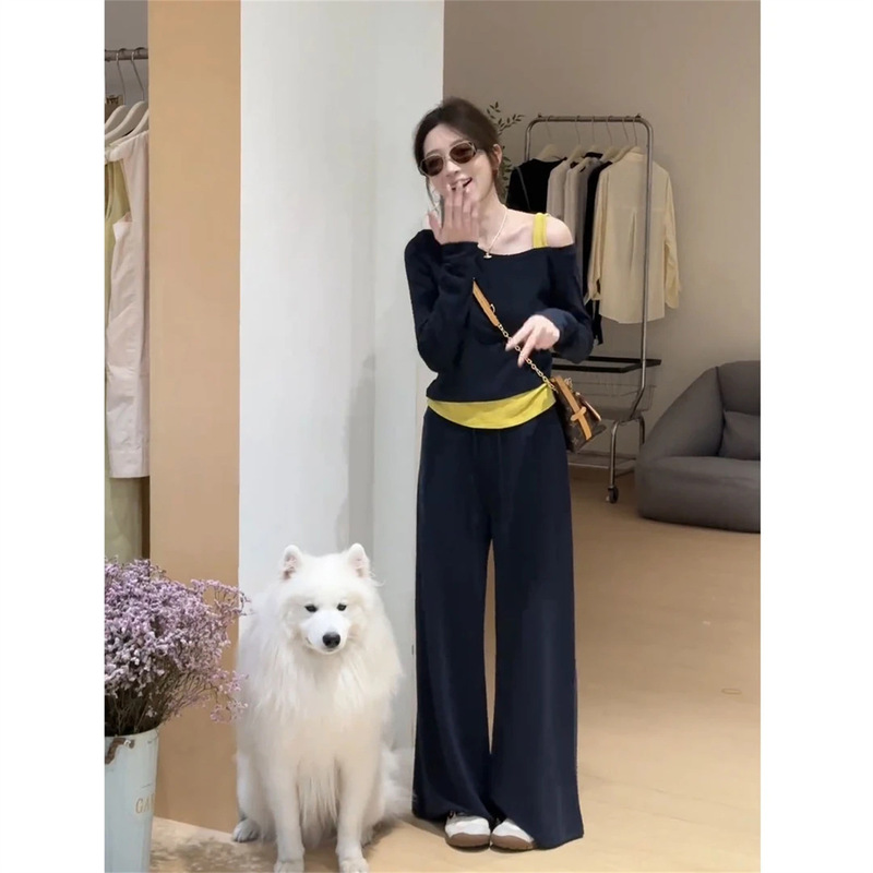 早秋时尚洋气穿搭女不规则露肩修身长袖上衣百搭休闲裤两件套装潮|undefined