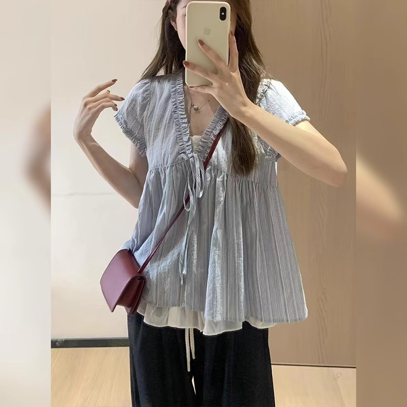 Áo sơ mi nữ giả hai mảnh tay ngắn sọc mỏng form rộng — Màu xanh lam chi tiết 1
