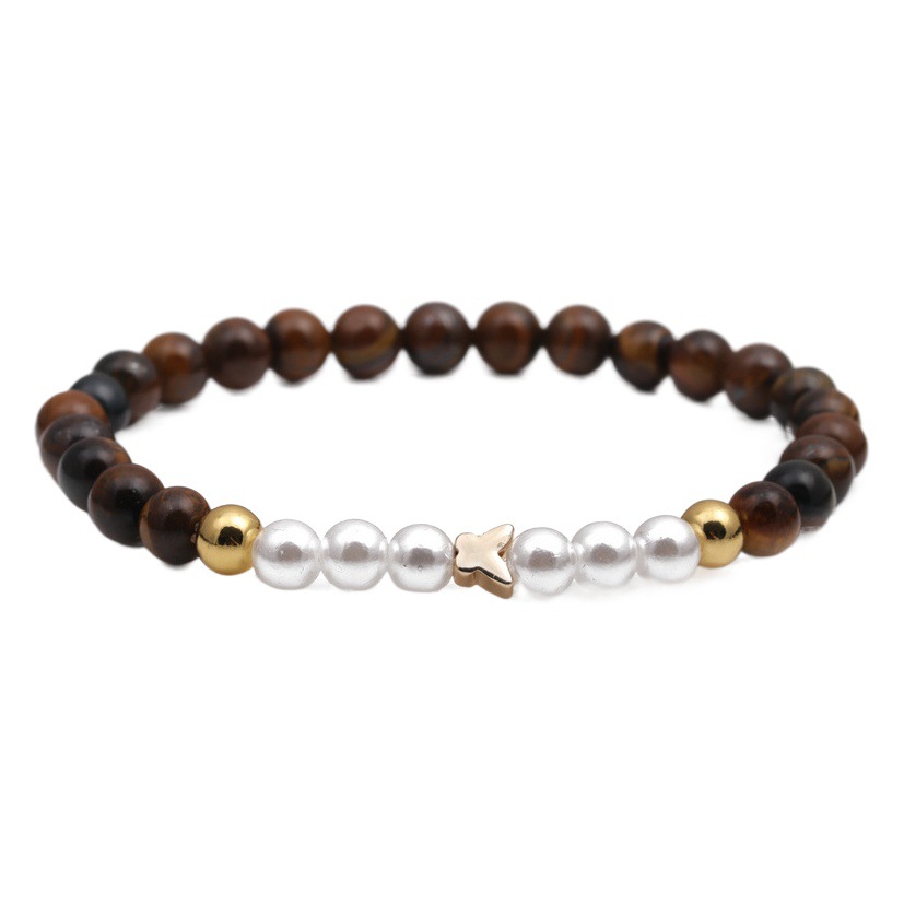 Europa y América transfronteriza 6mm Tigre ojo piedra pulsera de cuentas de cobre Cruz amor imitación perla pulsera de cuentas