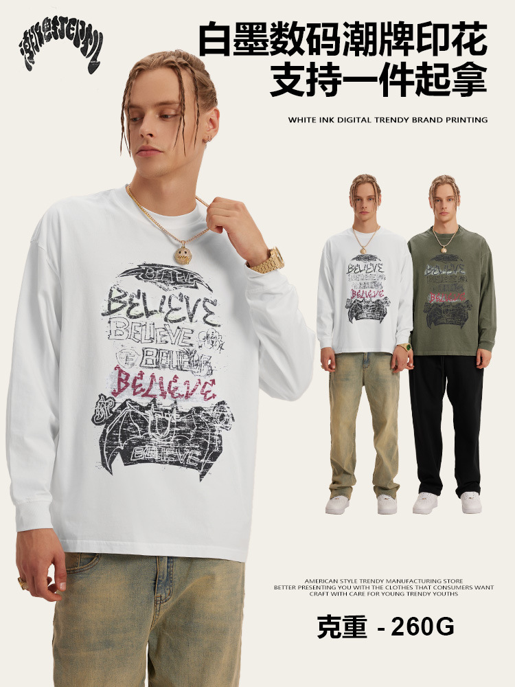 Impresora de marcas| 2025 primavera y otoño Ba familia B juveniles sueltos estilo americano marcas de agua callejera camiseta de manga larga
