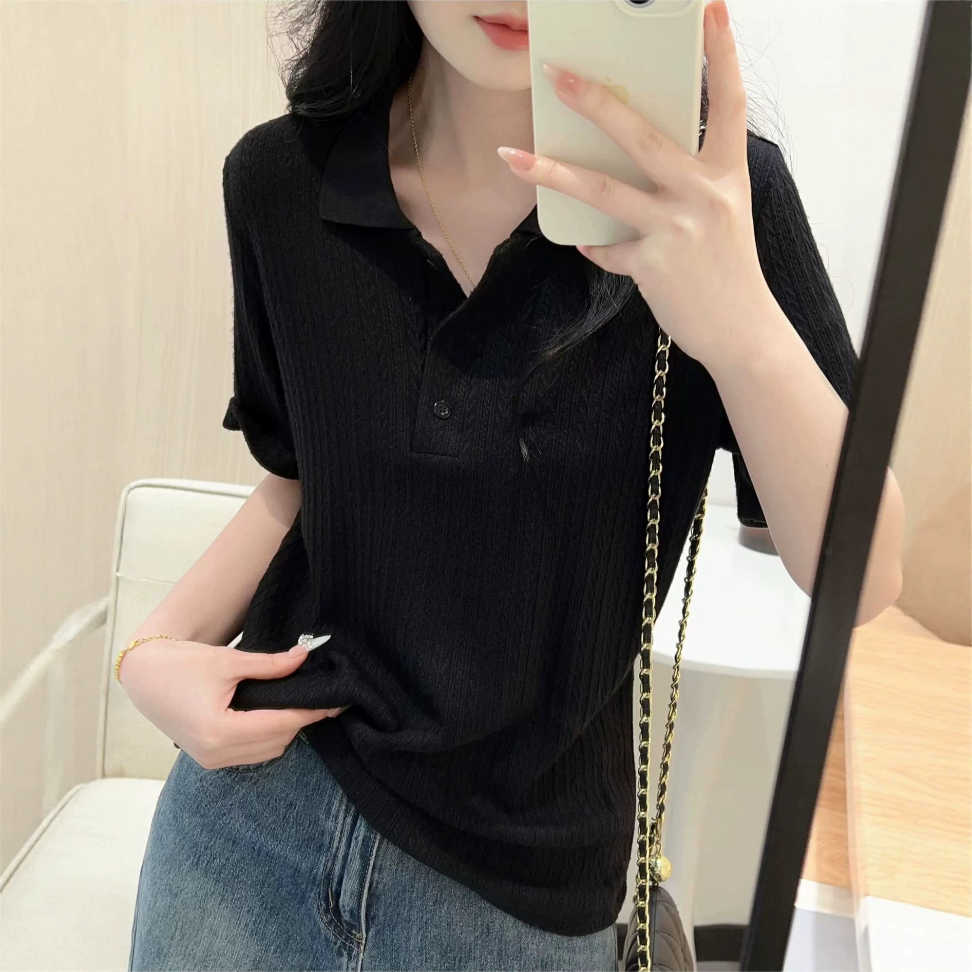 Áo polo nữ ngắn tay dáng ôm, cổ bẻ, phom chuẩn, thiết kế tôn dáng — màu đen chi tiết 1