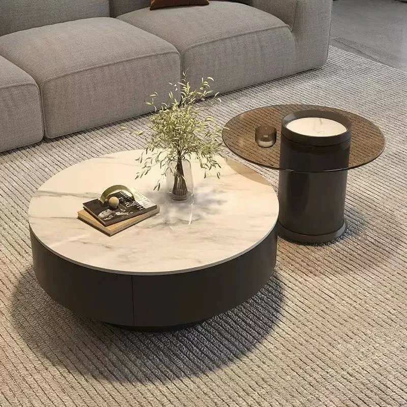 Высококлассный комбинированный журнальный столик в стиле сланца для чайной комнаты, минималистичный легкий роскошный домашний круглый чайный столик для небольшой квартиры с местом для хранения, гостиная в итальянском стиле.