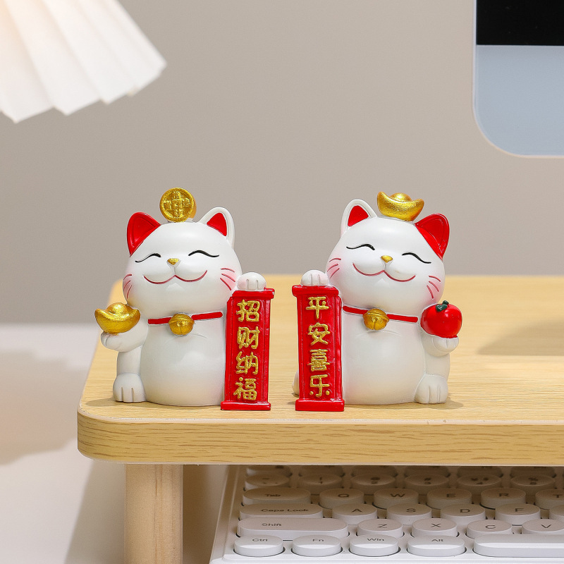 平安喜乐国潮招财猫卡通小猫咪桌面摆件办公室工位装饰品创意礼品|undefined