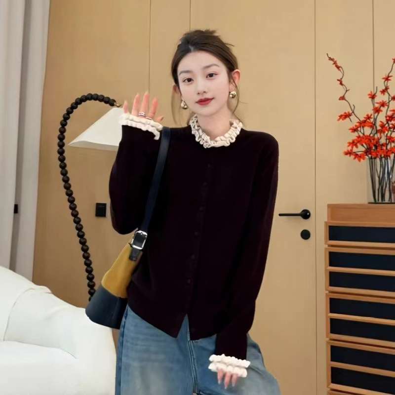 韩系慵懒风长袖针织开衫女2025秋季新款设计感木耳边拼接修身上衣|undefined