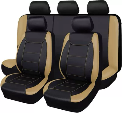 Leather Car Seat Covers for, Universal seat cover - beige-with-black-2-piece-set-front-single-seat