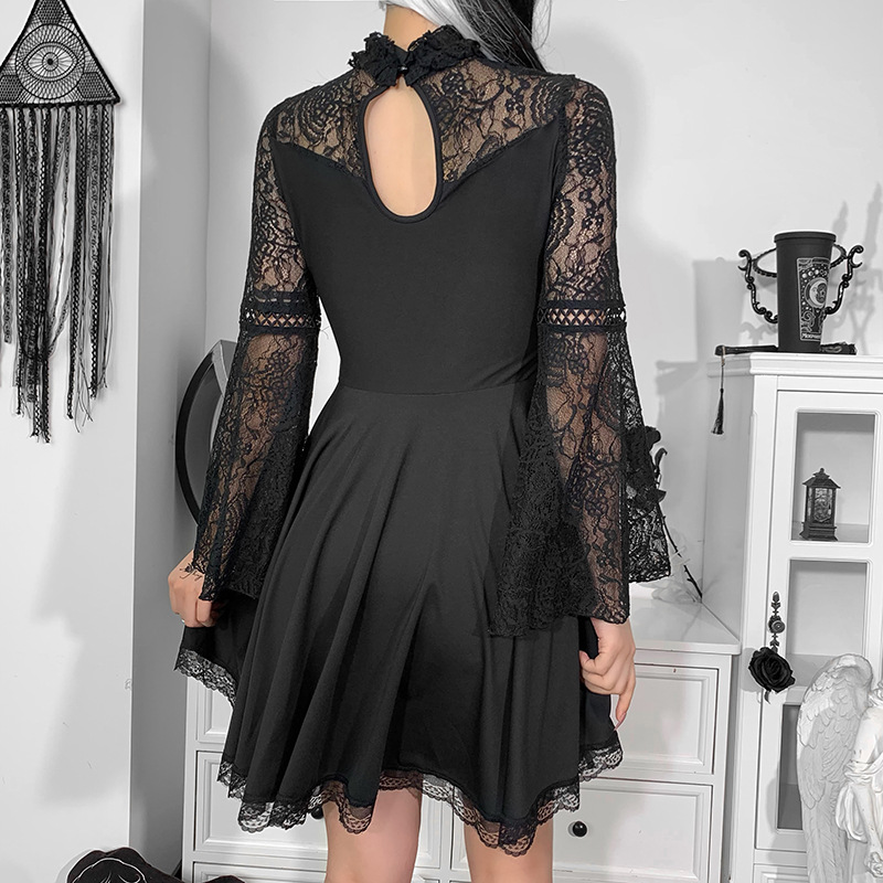 Gothic Style Stitching High-Neck Hollow Bell-Sleeved Lace Mesh Dress NSGYB116438