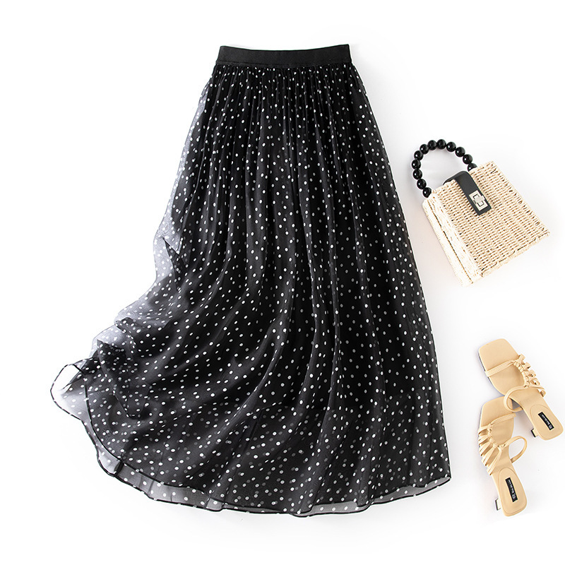 Silk Skirt High Waist Slimming A- Line Dose Long Skirt Mulberry Silk Printed Black Small Wave Dot Large 85077 Skirt