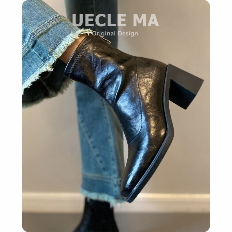 Leather version~Women's high-heeled ankle boots 2026 autumn and winter new style square-toed Martin boots for petite women, French chunky heel slim boots Leather version~Women's high-heeled ankle boots 2026 autumn and winter new style square-toed Martin boots for petite women, French chunky heel slim boots
