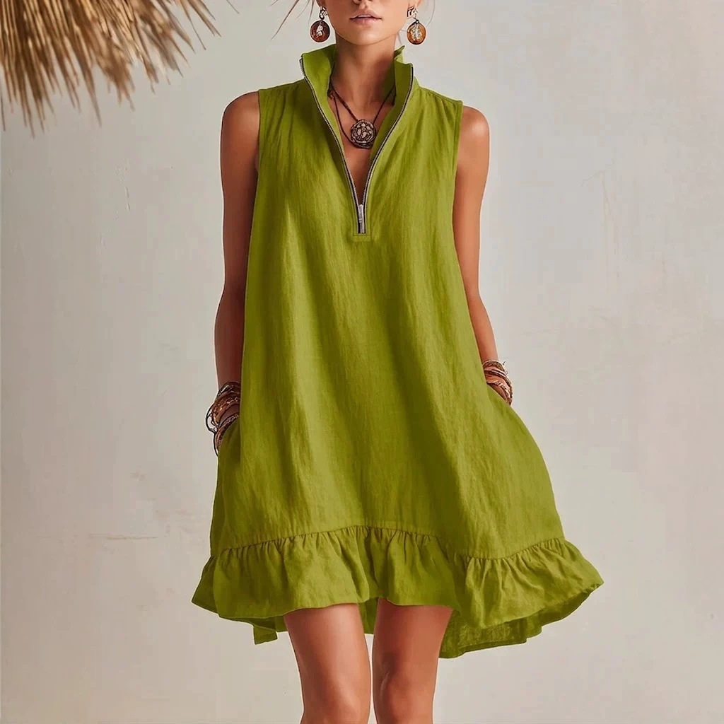 Women's Clothing Women's Solid Color Sleeveless V Neck Dress Cotton Linen Spring Summer For Formal & Casual For Women_ecoleips.com