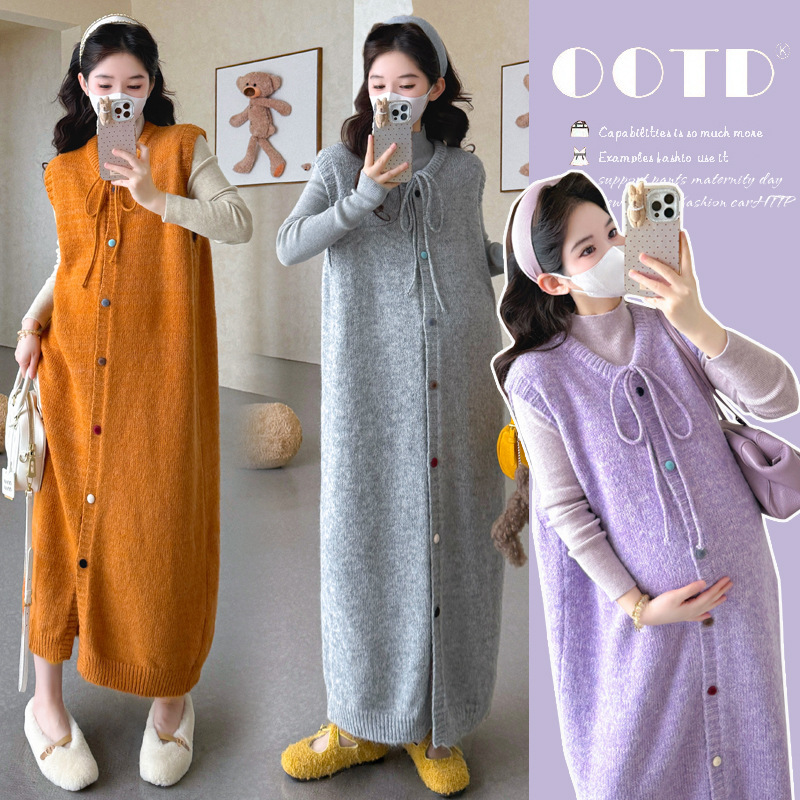 Autumn and Winter Maternity Wear Korean Style Knitted Lace Sweater Vest with Half Turtleneck Bottoming Shirt Sweet and Comfortable Two-Piece Set