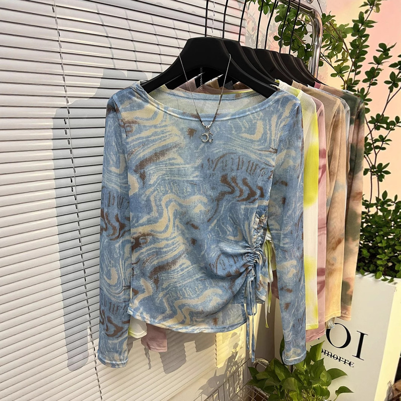 Millennial Style Retro Tie-Dye Mesh Sun Protection Shirt Summer Vacation Asymmetrical Drawstring Long-Sleeved Top Design T-Shirt