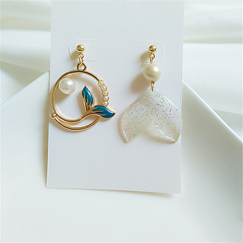 Dolphin Whale Tail Asymmetric Personality Mermaid Pearl Earrings