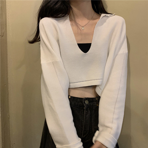 V-neck sweater for women in autumn  new Korean style long-sleeved sweater short student thin versatile top trendy