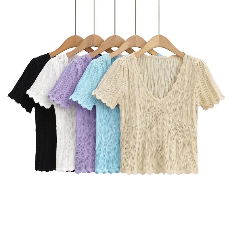 Spot 2023 Summer New Style Deep V Neck Wavy Edge Splicing Knitted Top Women's Pure Color Slim Short-Sleeved T-Shirt Top Trendy Spot 2023 Summer New Style Deep V Neck Wavy Edge Splicing Knitted Top Women's Pure Color Slim Short-Sleeved T-Shirt Top Trendy